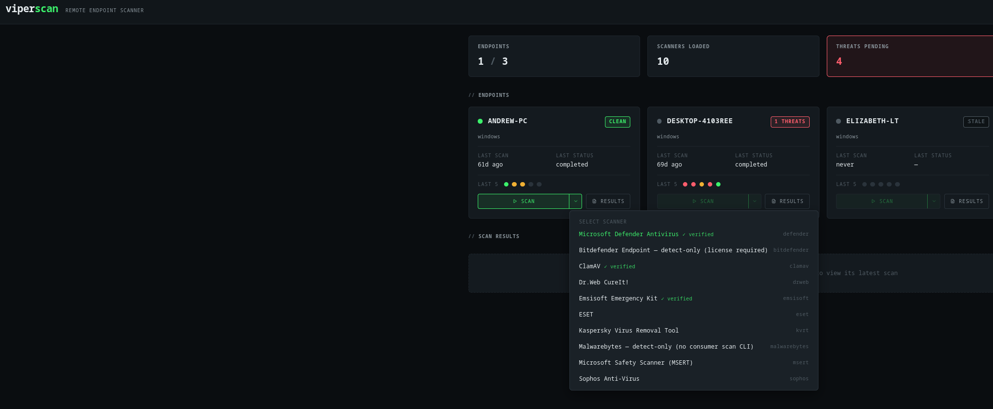 ViperScan Scanner Dropdown